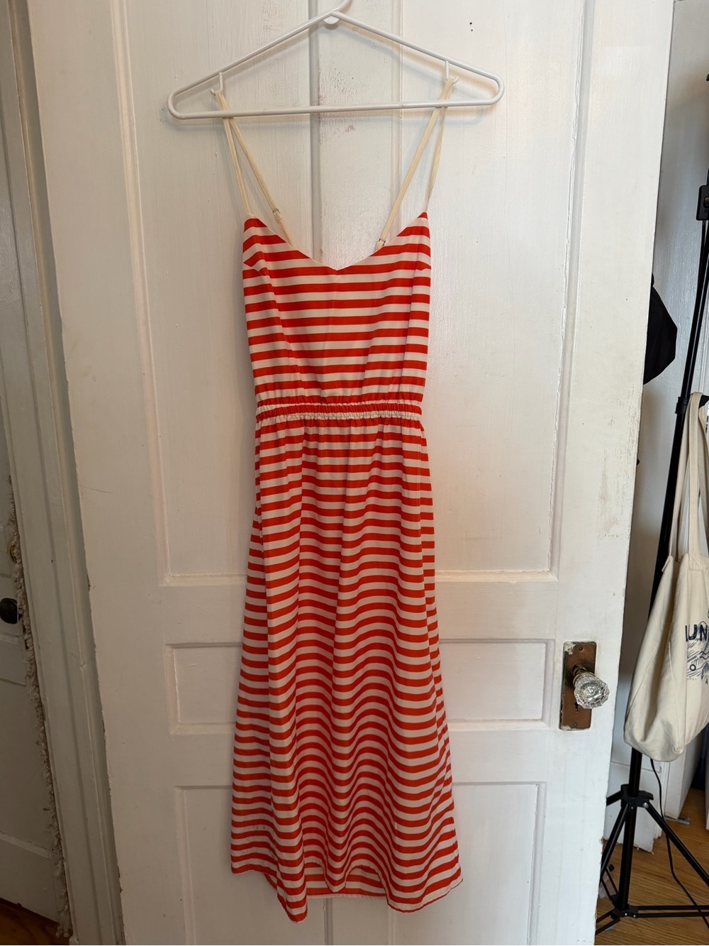 Women’s Red and White Striped Midi Dress with Spaghetti Straps